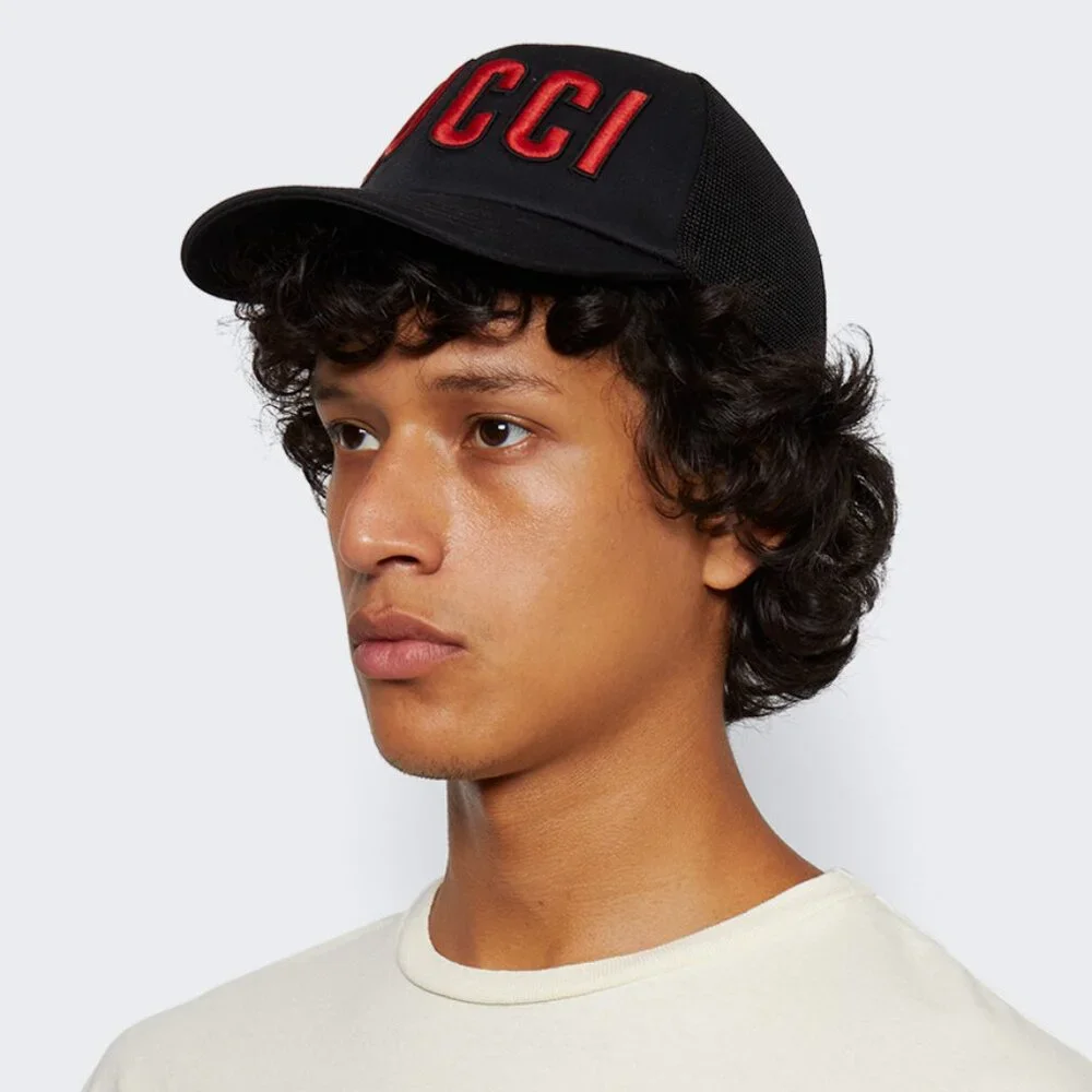 NEW GUCCI Embroidered Logo Baseball Cap Hat Black Red Size S / 57 cm Authentic